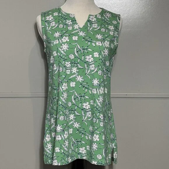 Denim & Company D & Co Floral Perfect Jersey Split V-Neck Tunic Tank Soft Jade S - Picture 3 of 12